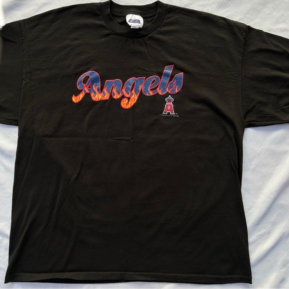 Vintage Y2K Los Angeles Angels Baseball Tshirt Mens 2X Black Flame Red Letters - Picture 9 of 9